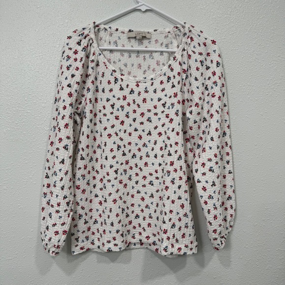 LOFT Tops - LOFT White Floral Textured Long Sleeve Scoop Neck Top Women's Size Small